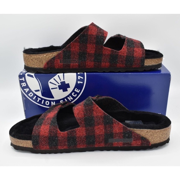 New Birkenstock Arizona Rivet Plaid Red Fur Shearling Sandal Regular Select Size main image 12